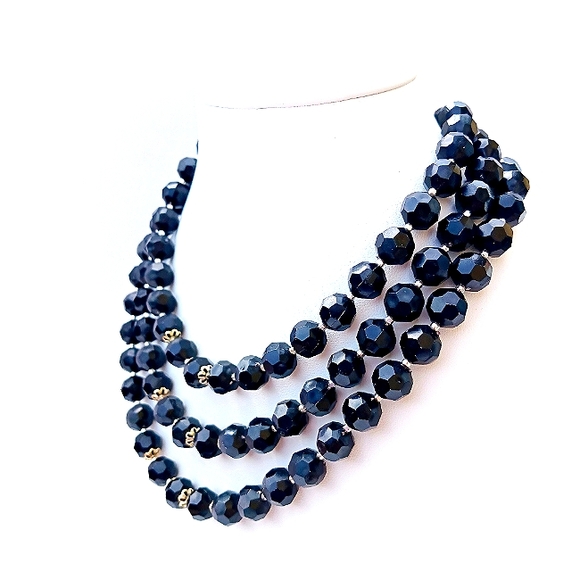 3 STRAND NECKLACE Vintage resin plastic Hong Kong black silvertone 17" - Picture 1 of 7